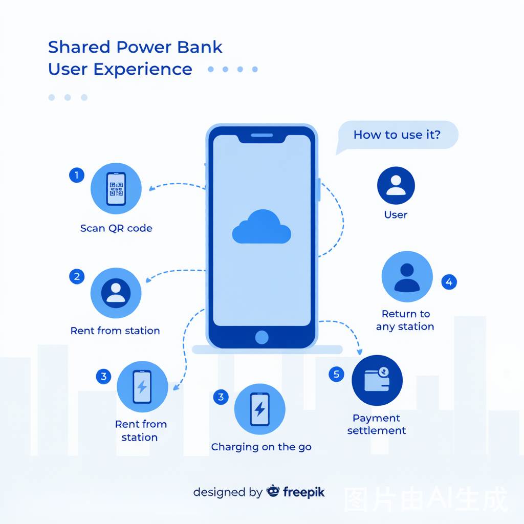 Shared Power Bank User Experience: How to Optimize for Higher Rental Rates & Customer Satisfaction | Baofeng Charge 4 Shared power bank user experience journey infographic from scan to return