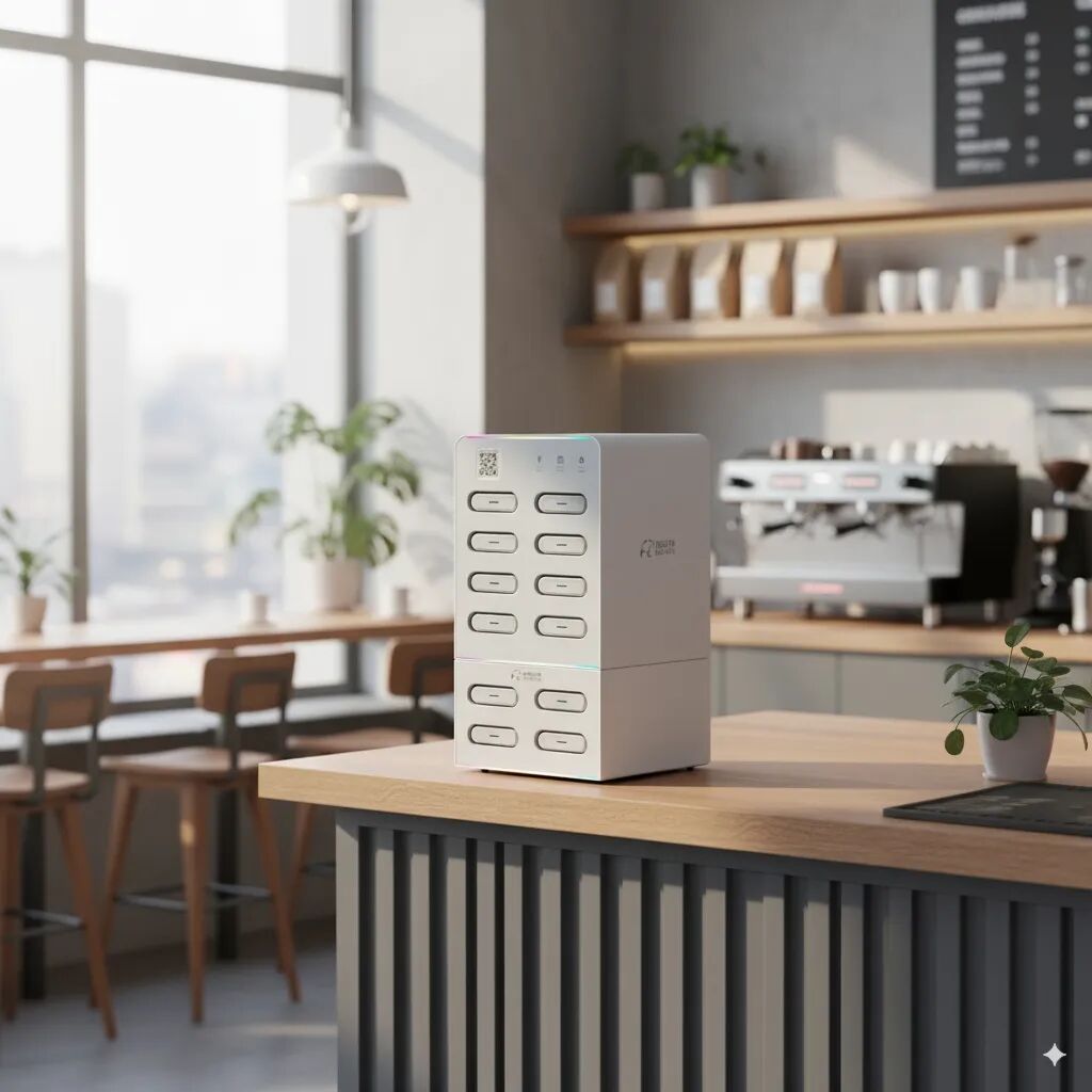 Baofeng Charge Goes Global: Power Bank Sharing Across 25 Countries, 30+ Languages & 90% Payment Coverage 2 Baofeng Charge station in a modern cafe setting